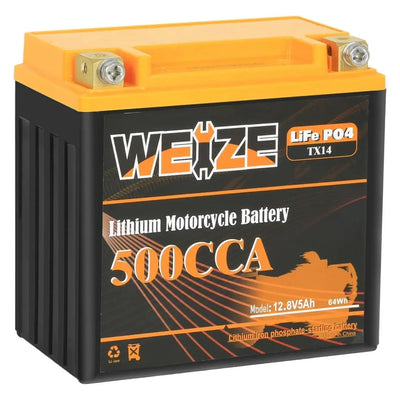 Weize YTX14-BS Lithium Motorcycle Battery, 12V 5AH 500A Group 14 LiFePO4 Powersport Battery