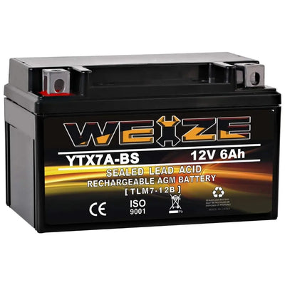 WEIZE YTX7A-BS 12V 6Ah High Performance - Maintenance Free - Sealed AGM Motorcycle Battery compatible with Gas Gy6 Scooter Moped 50CC 125CC