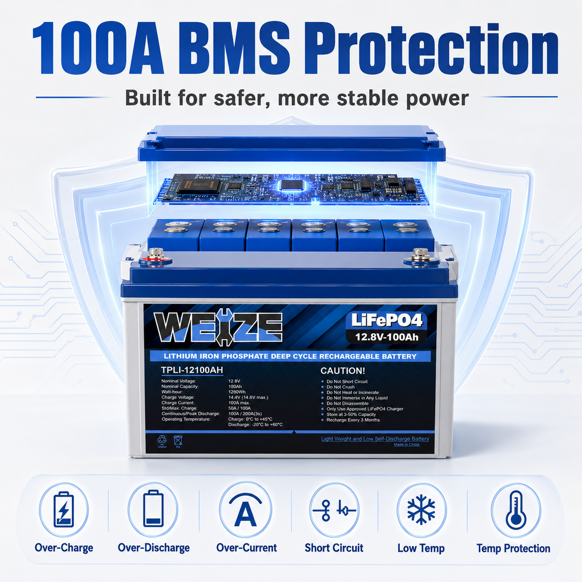 WEIZE LiFePO4 Lithium Battery 12V 100Ah丨BMS 8000+ Deep Cycles
