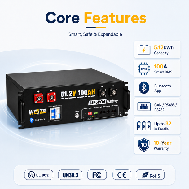 LiFePO4 Lithium Battery: WEIZE 51.2V 100Ah, Built-in 100A Smart BMS