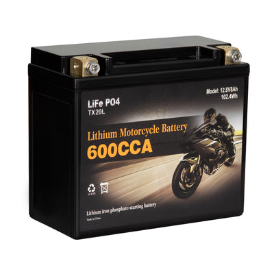 YTX20L-BS Lithium Motorcycle Battery, Group 20, 600A LiFePO4 Battery, 12V 8AH ATV, UTV, Jet Ski, 4 Wheeler, Snowmobile, Personal Watercraft, Seadoo, Polaris, Riding Lawn Mower Batteries