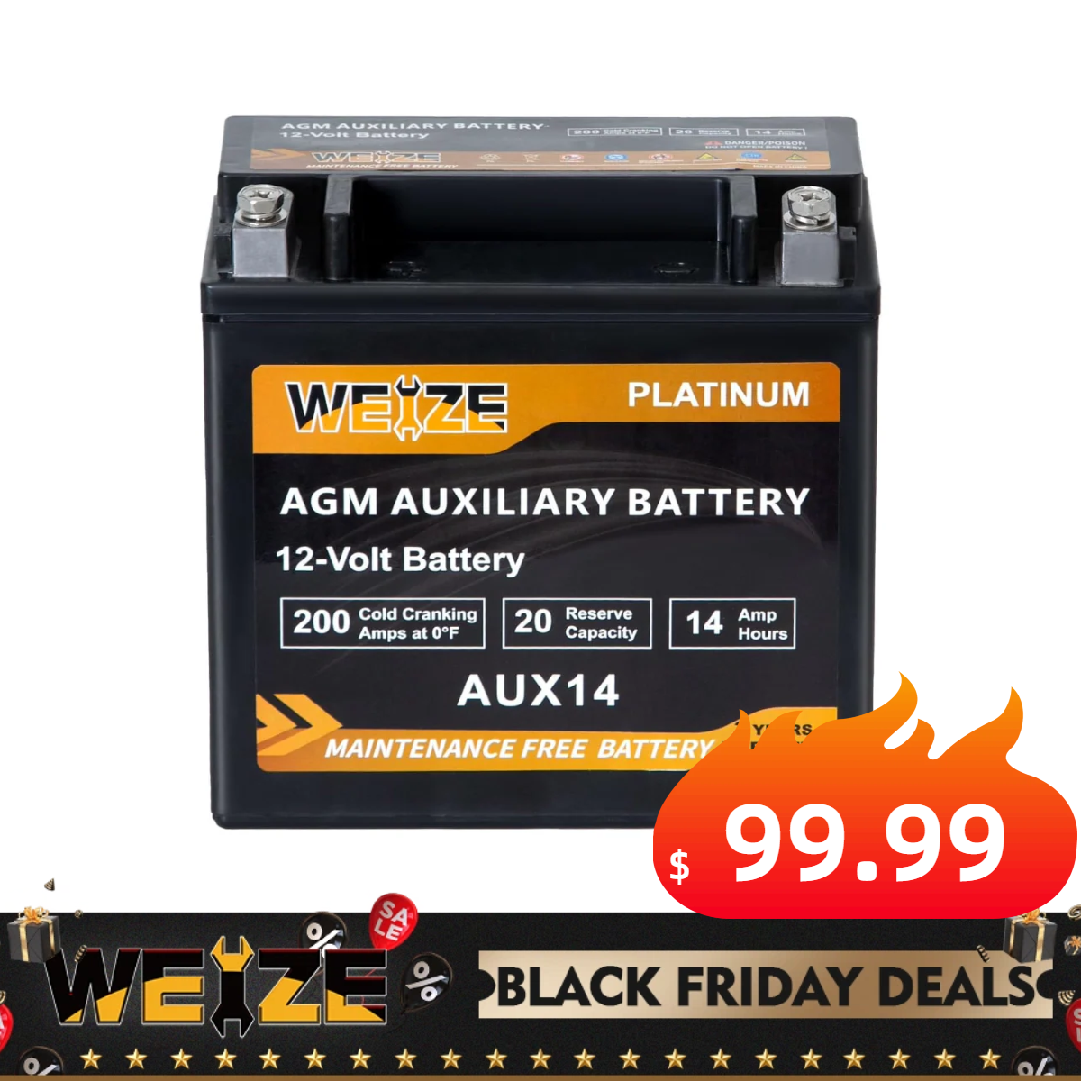 WEIZE Wise Series AGM AUX14 Auxiliary Battery, BCI Group 400, 200CCA Automotive Battery