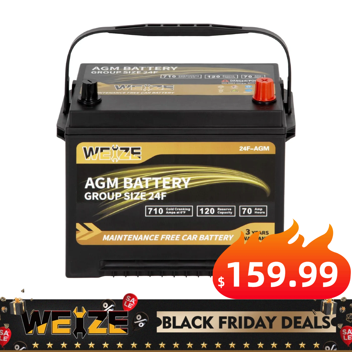 WEIZE Wise Series 24F AGM Car Battery - 12V 70Ah 710CCA Automotive Replacement Battery