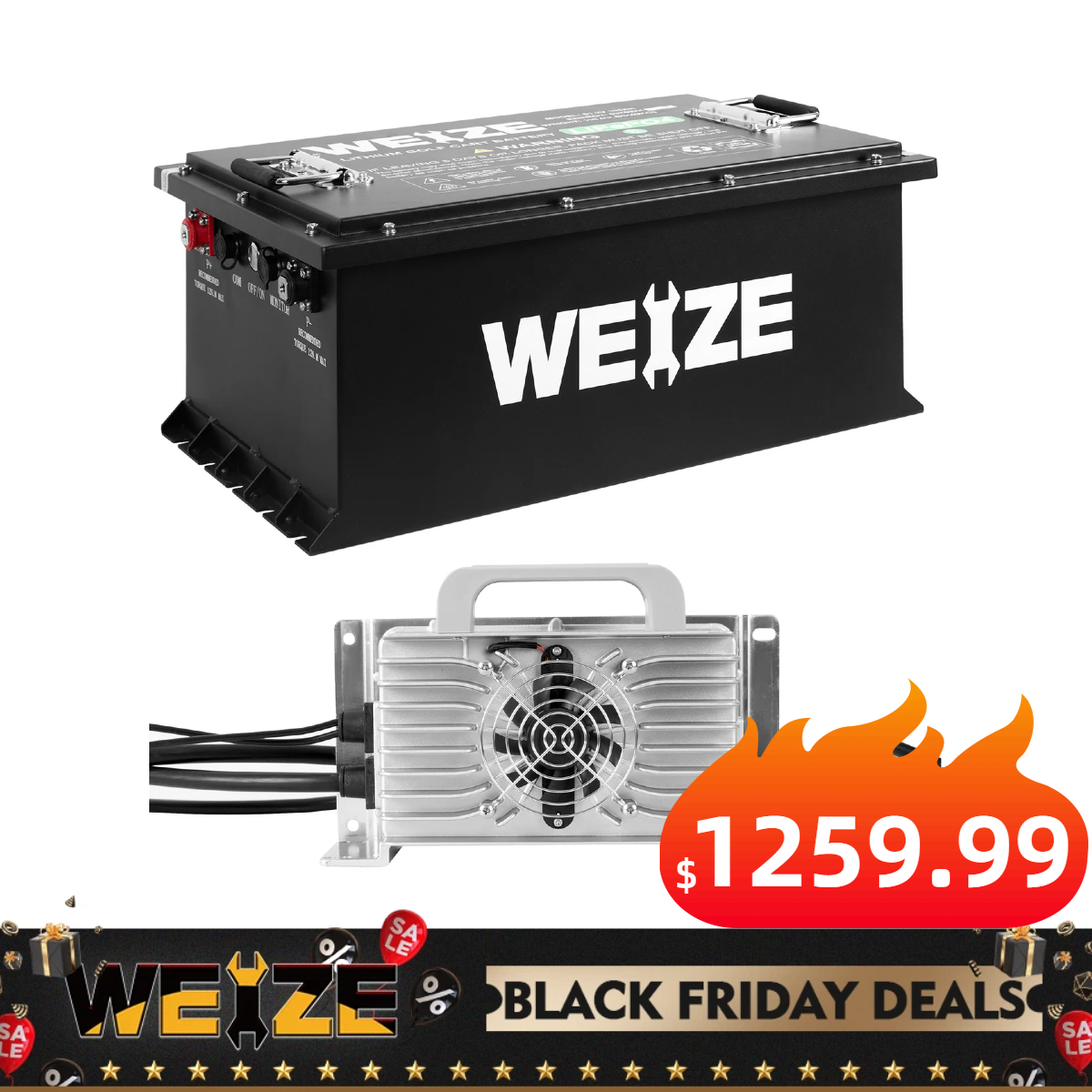 WEIZE 48V(51.2V) 105AH LiFePO4 Golf Cart Battery, 5376Wh Bluetooth Lithium Battery - Complete Kit